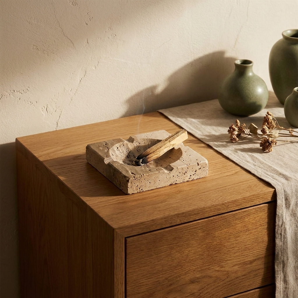 Travertine Look Marble Catchall styled in a Japandi interior