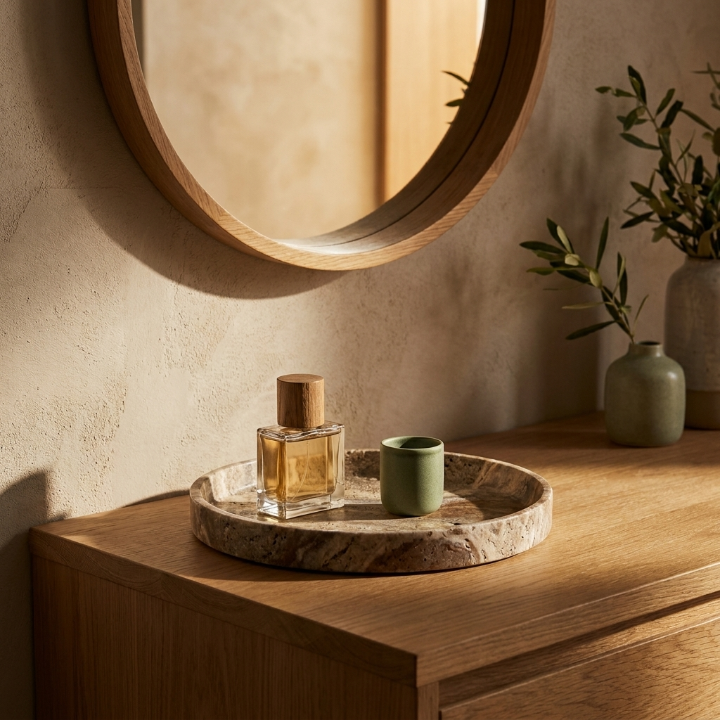 Travertine Round Tray styled in a Japandi interior