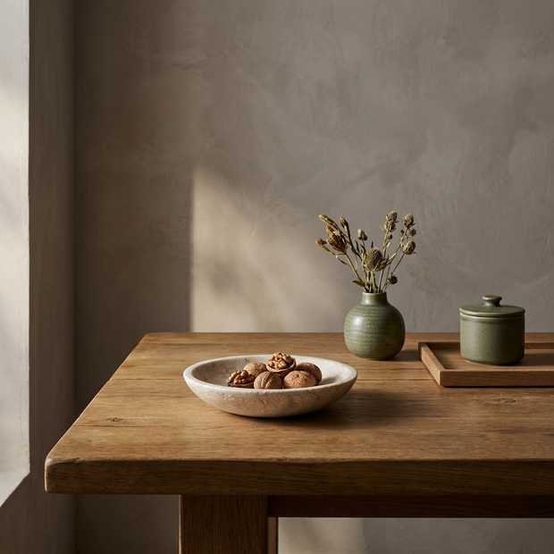 Marble Pedestal Bowl styled in a Japandi interior