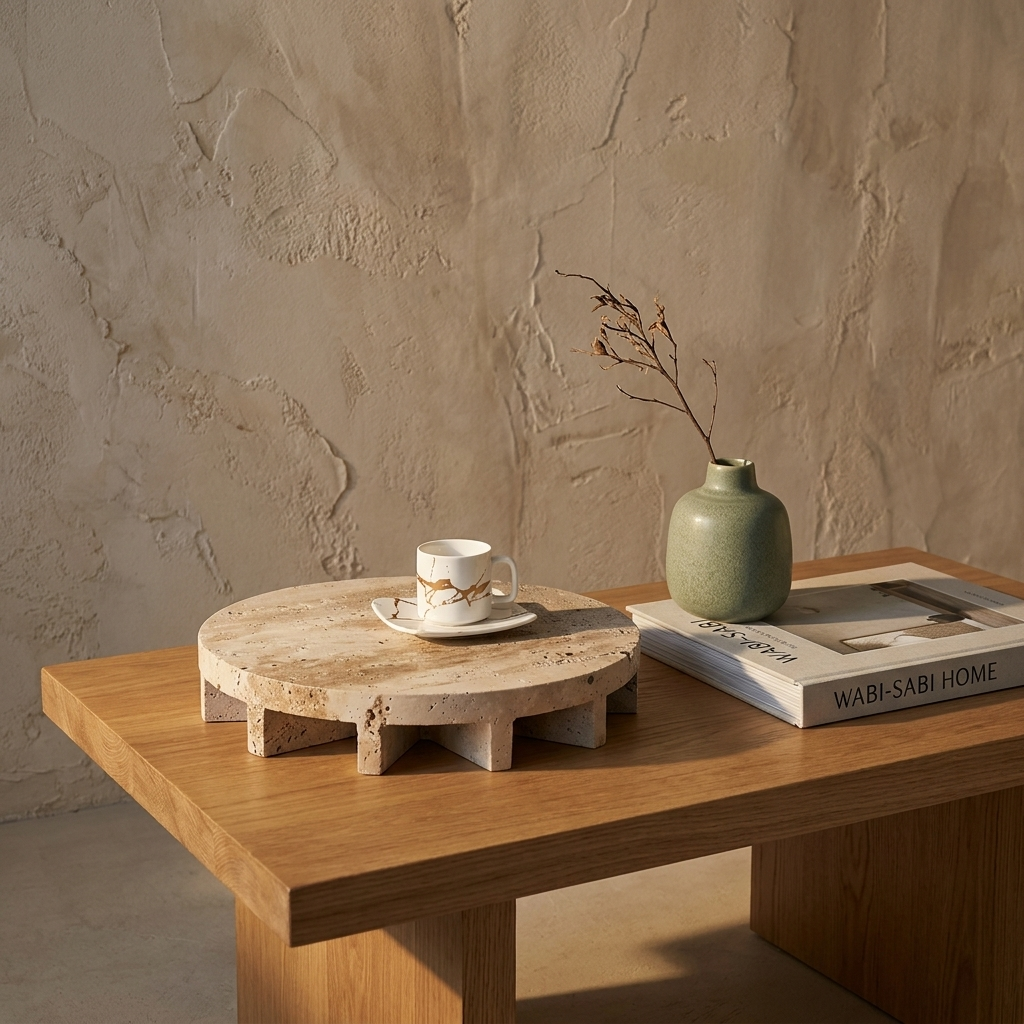 Travertine Footed Tray styled in a Japandi interior