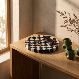 Checkered Stone Tray styled in a Japandi interior