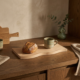 Rippled Wood Serving Tray styled in a Japandi interior