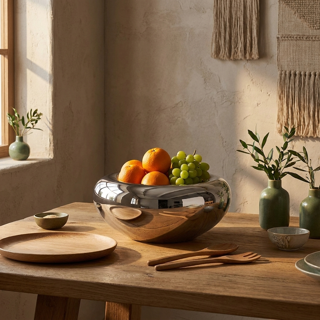 Silver Glass Fruit Bowl styled in a Japandi interior