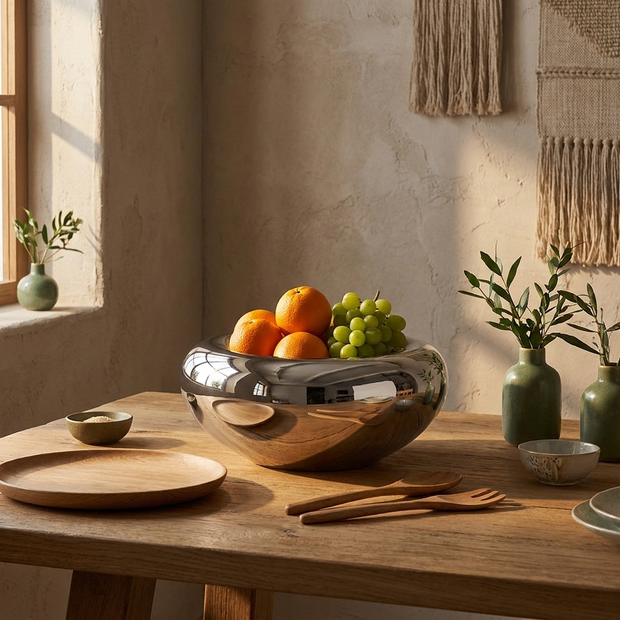 Silver Glass Fruit Bowl styled in a Japandi interior