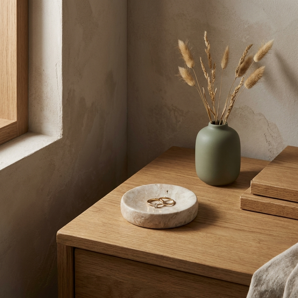 Stone Catchall Tray styled in a Japandi interior