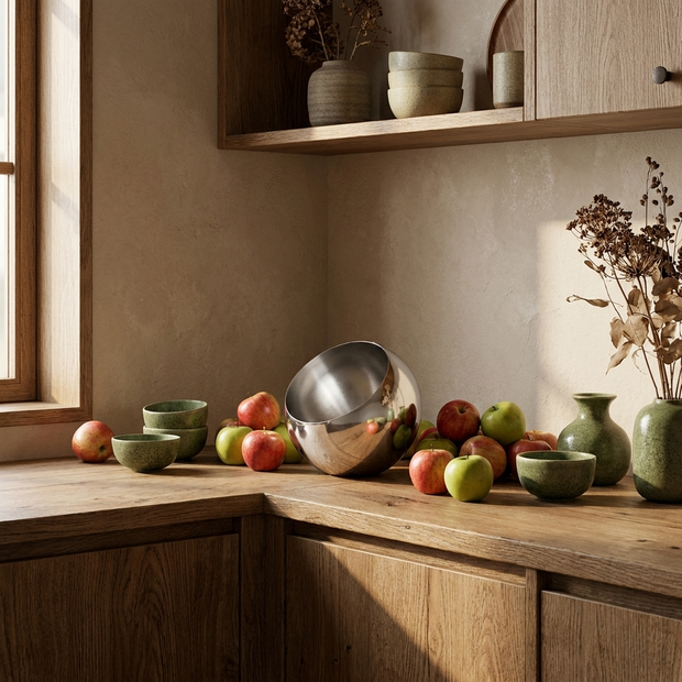 Stainless Steel Fruit Bowl styled in a Japandi interior