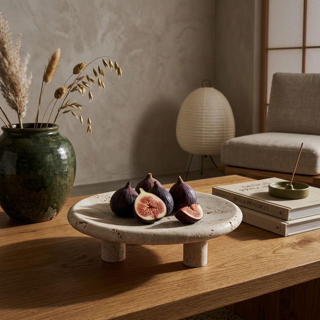 Travertine Footed Tray styled in a Japandi interior