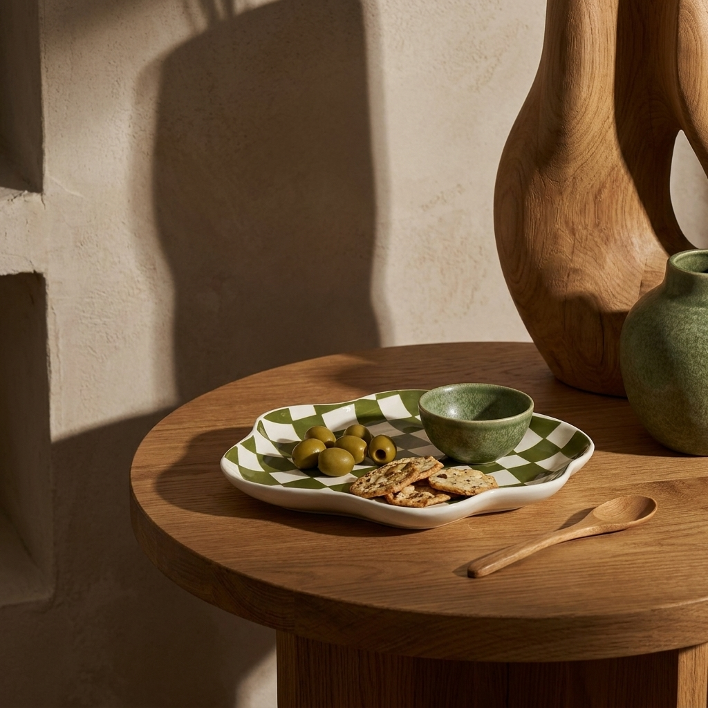 Checkered Ceramic Tray styled in a Japandi interior