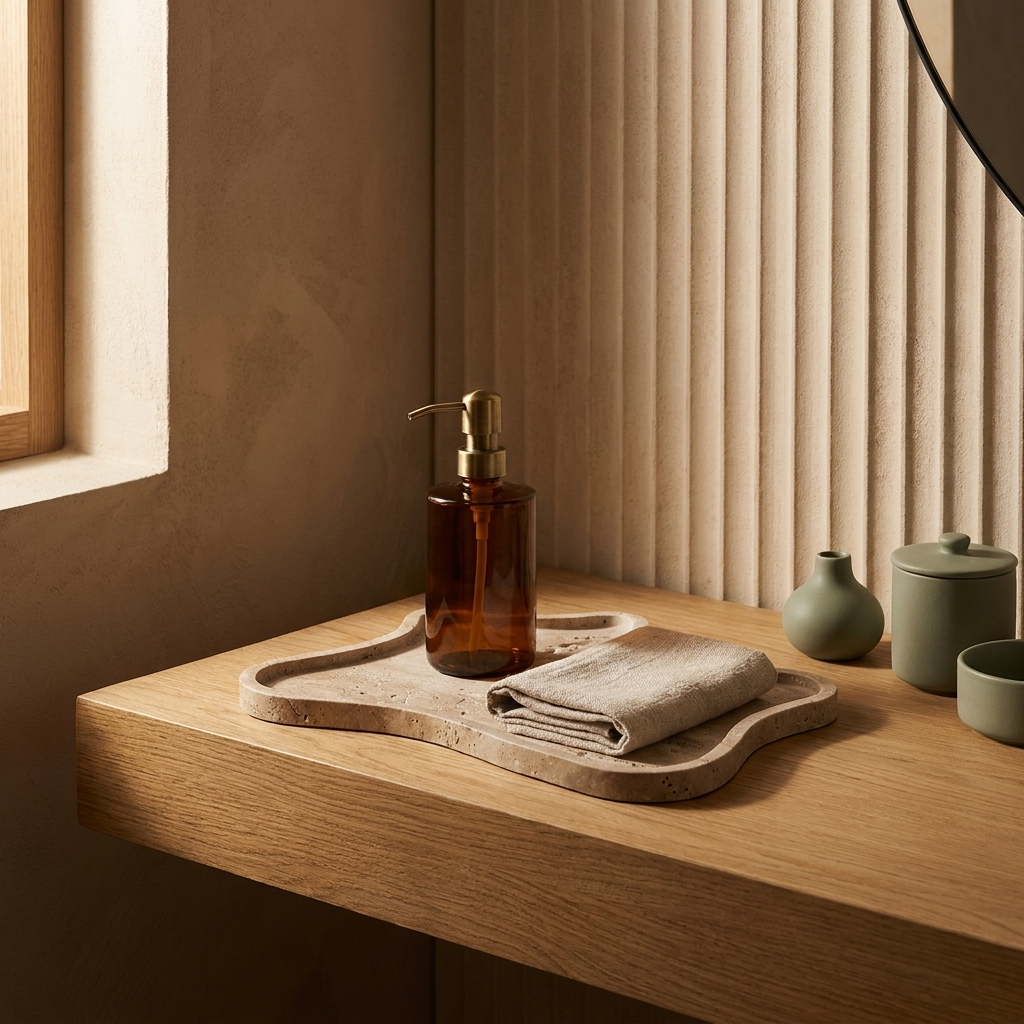 Travertine Vanity Tray styled in a Japandi interior