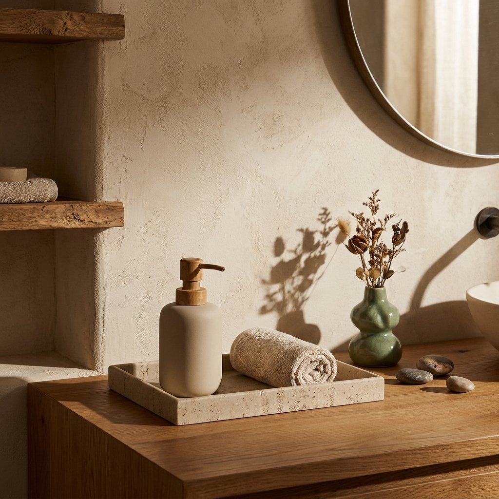 Sandstone Bathroom Vanity Tray styled in a Japandi interior