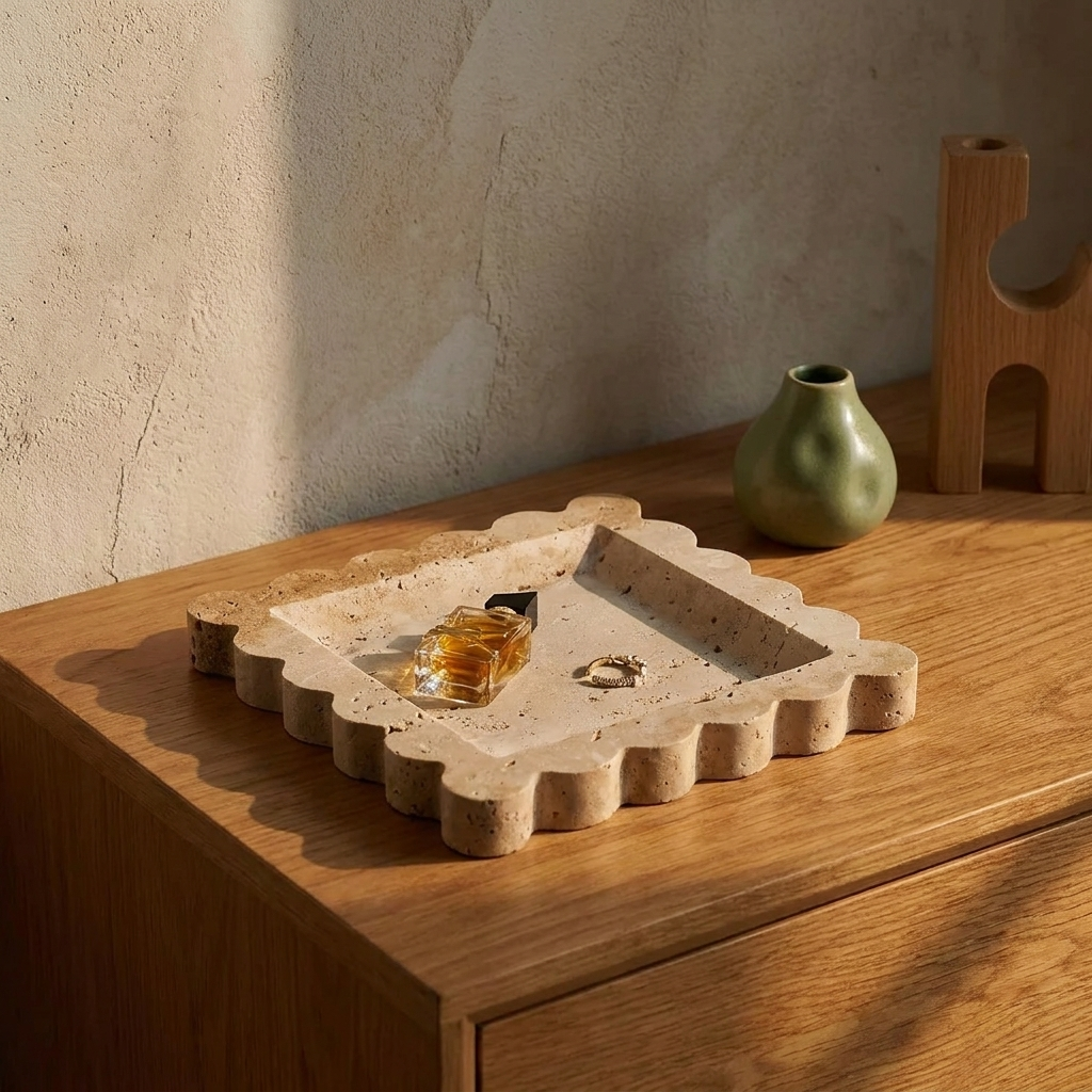 Scalloped Travertine Jewelry Tray styled in a Japandi interior