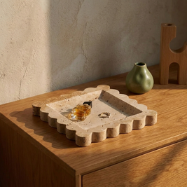 Scalloped Travertine Jewelry Tray styled in a Japandi interior