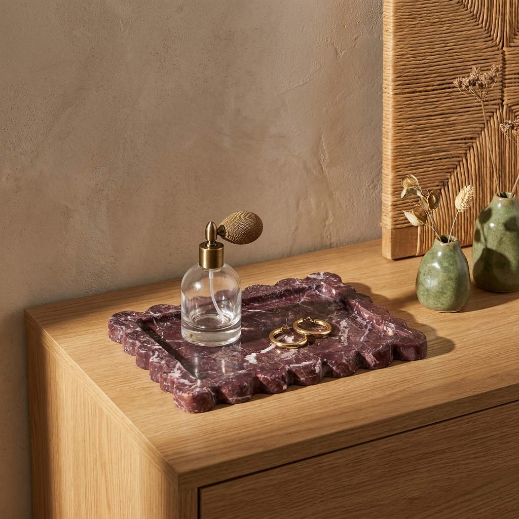 Scalloped Ceramic Vanity Tray styled in a Japandi interior