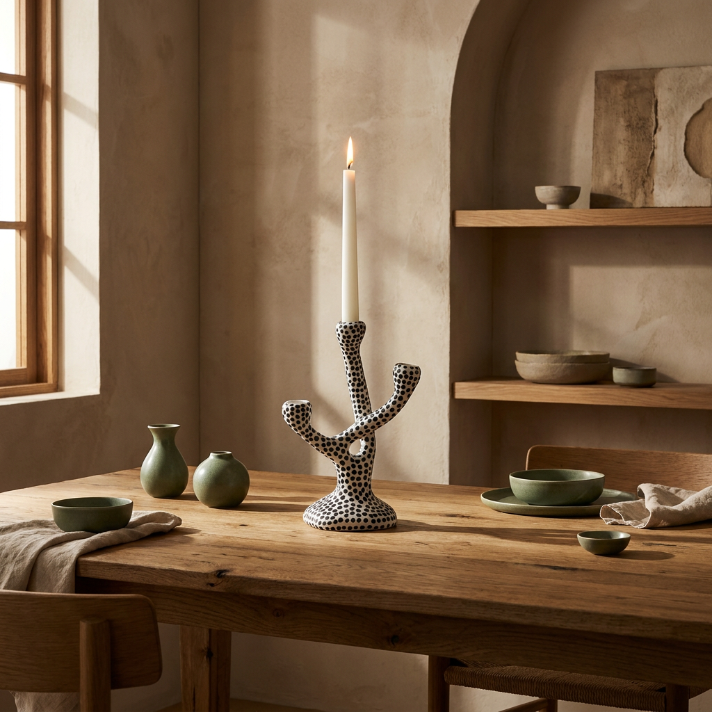 Ceramic Polka Dot Candle Holder styled in a Japandi interior