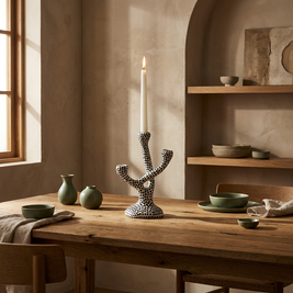 Ceramic Polka Dot Candle Holder styled in a Japandi interior