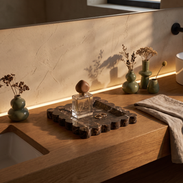 Dark brown scalloped travertine tray holding perfume and a ring on a bathroom vanity