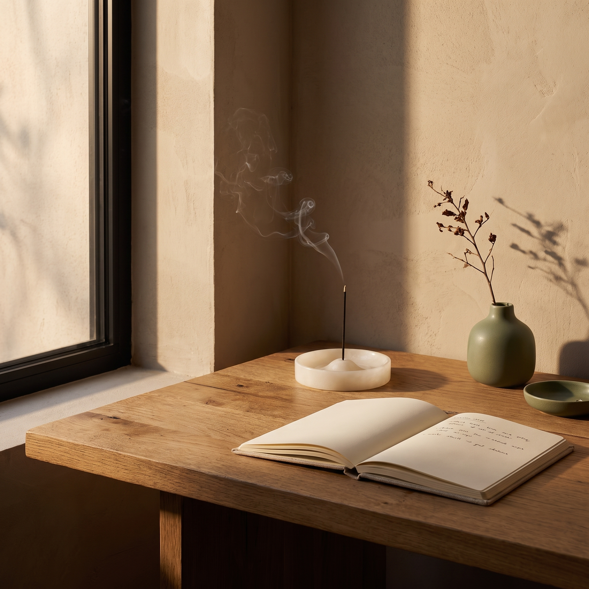 White stone incense holder with lit incense on an oak desk