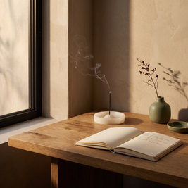 White stone incense holder with lit incense on an oak desk