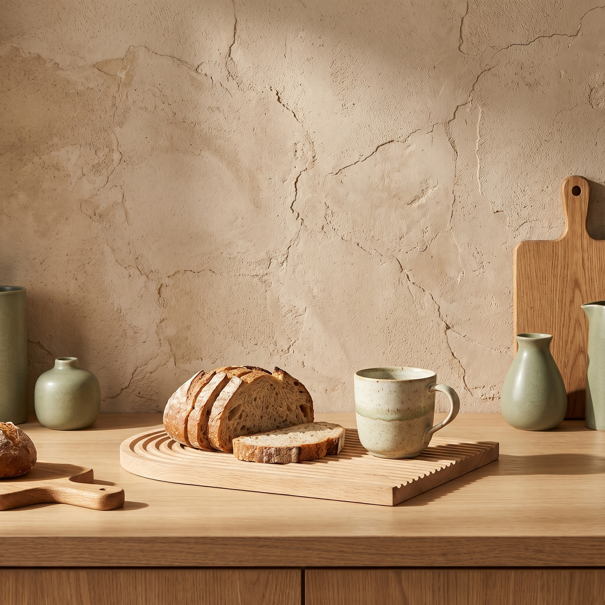 Arch rippled wood tray with sourdough and coffee on a kitchen counter