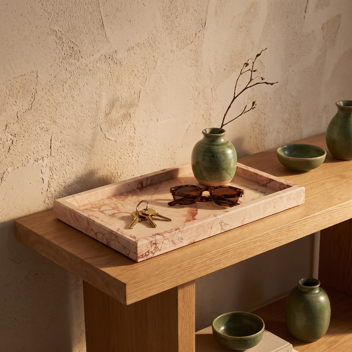 Pink marble tray with keys and sunglasses on an entryway console