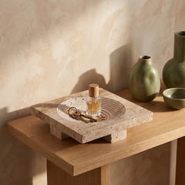 Square carved travertine footed tray with keys on an entryway console