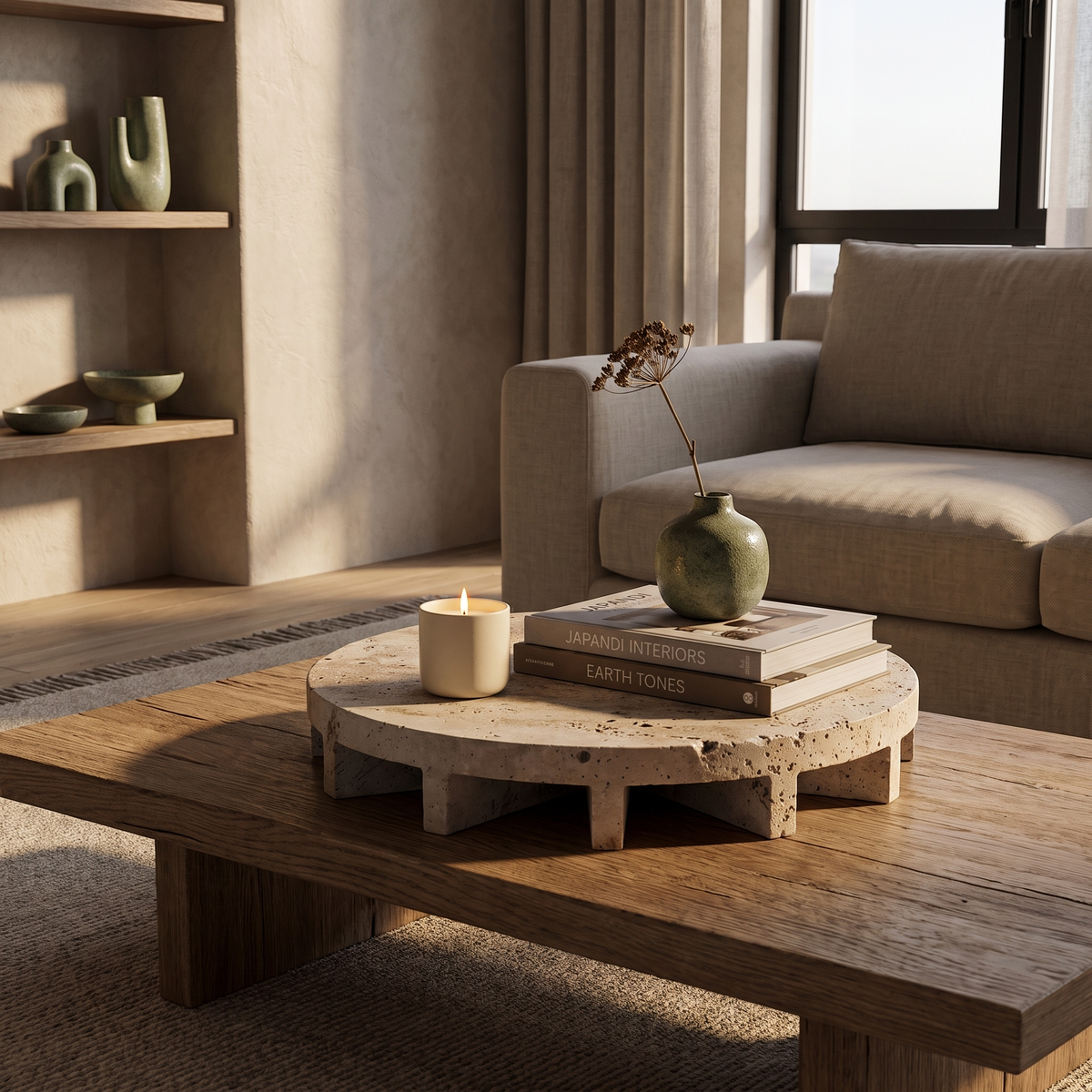Round smooth travertine footed tray on a living room coffee table