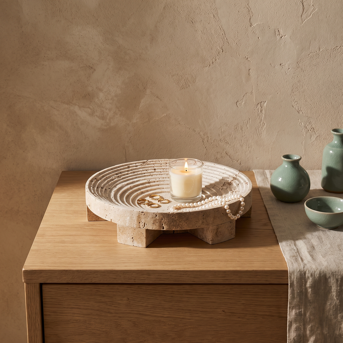 Round carved travertine footed tray with jewelry on a bedroom dresser