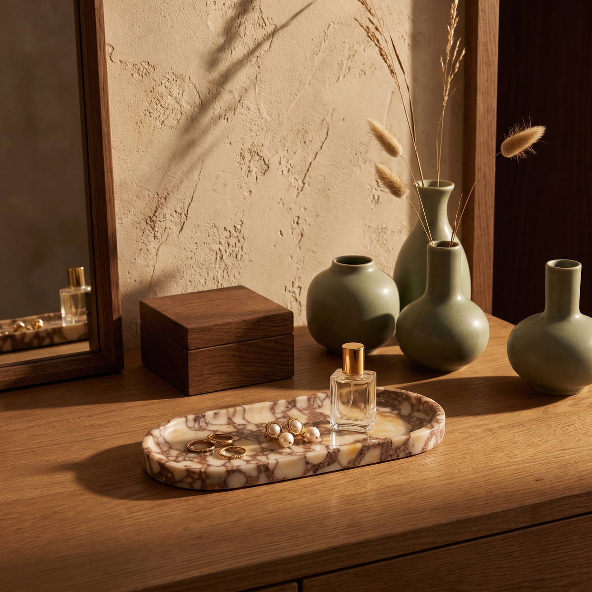 Yellow marble vanity tray with jewelry on a dressing table