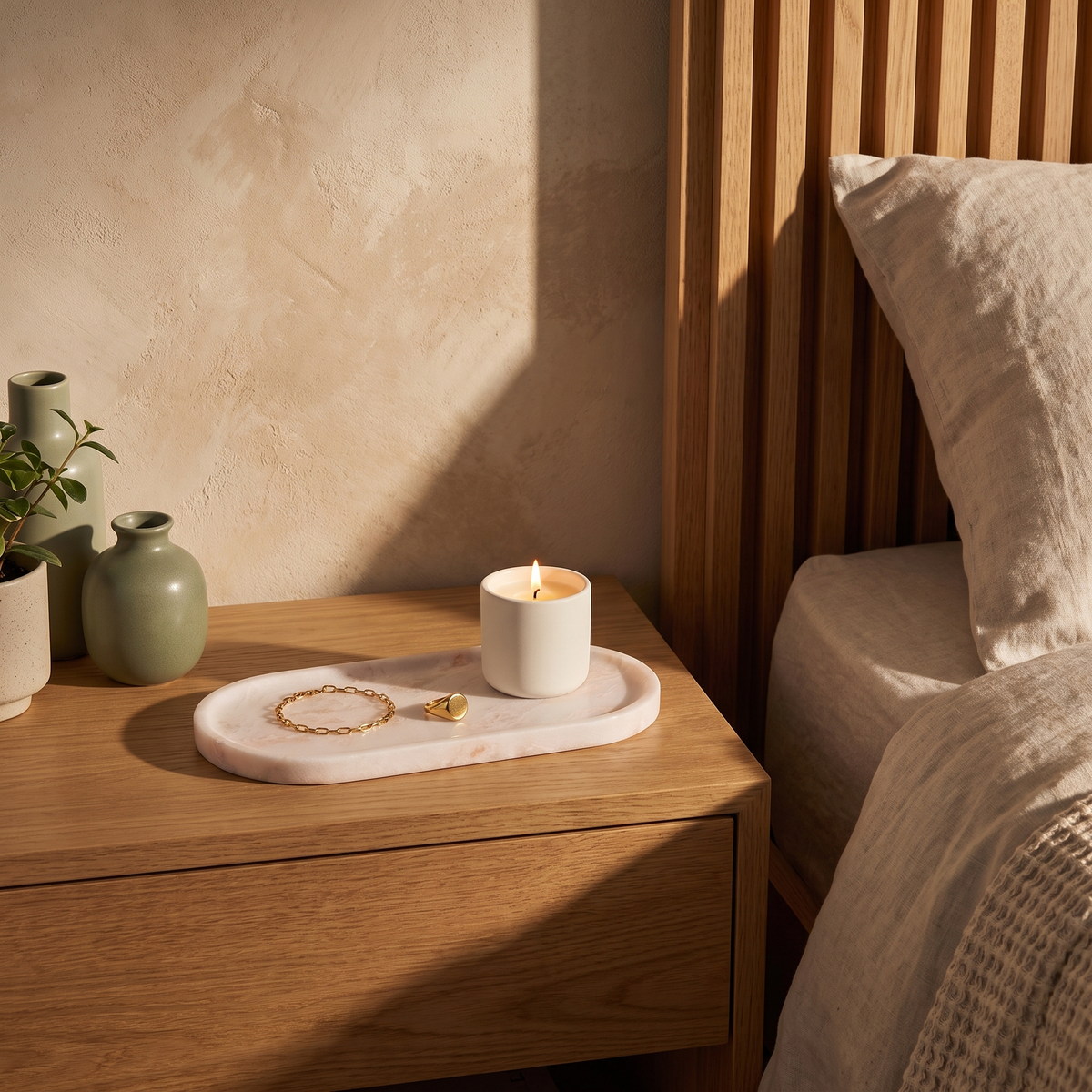 Pink jade vanity tray with a bracelet and candle on a bedside table