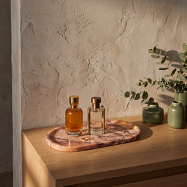 Pink marble vanity tray with perfume bottles on a bathroom vanity