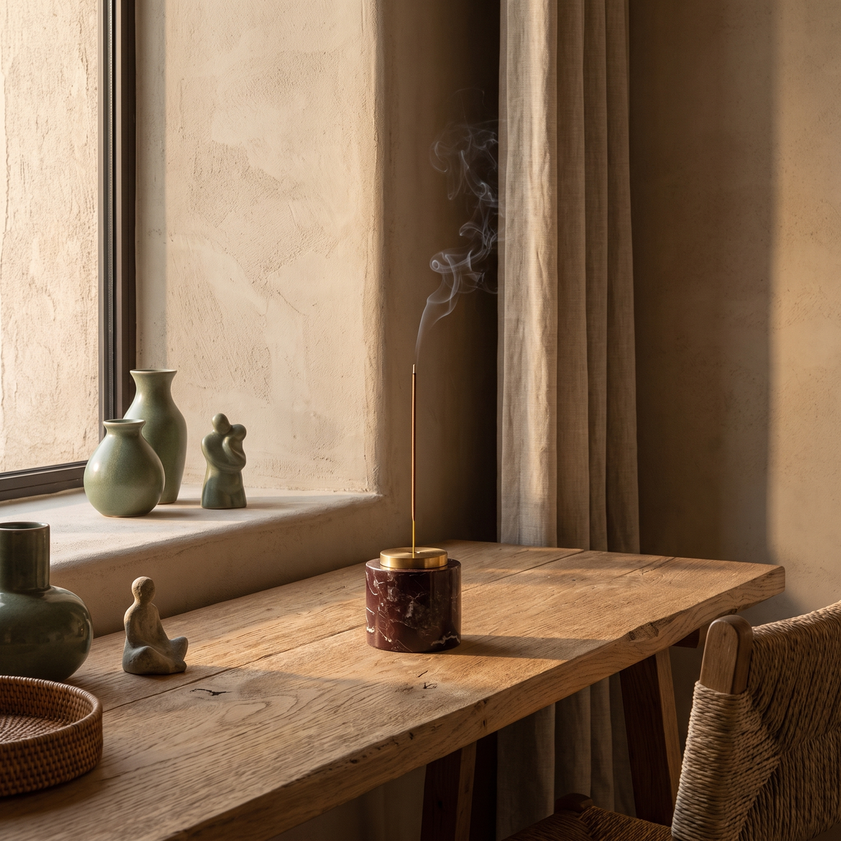 Round dark brown marble incense holder with lit incense on a desk