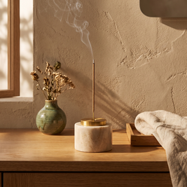 Round natural marble incense holder with lit incense on a bathroom vanity