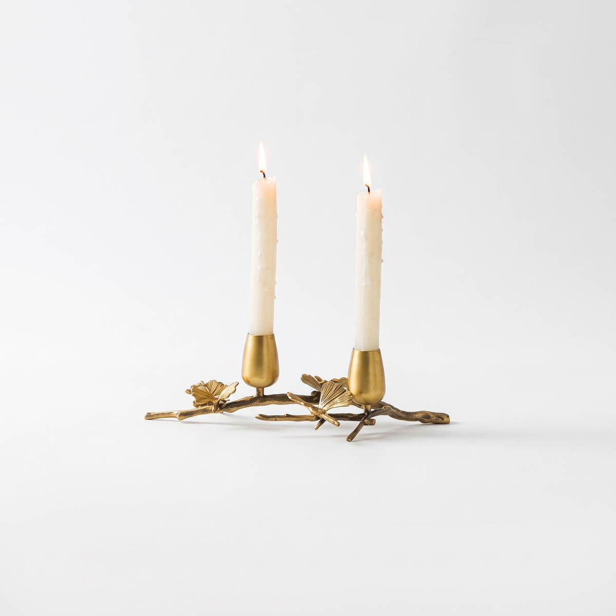 Brass ginkgo taper candle holder for 2 candles on white background