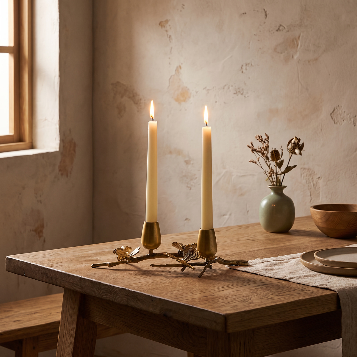 Brass ginkgo candle holder with two lit tapers on a dining table