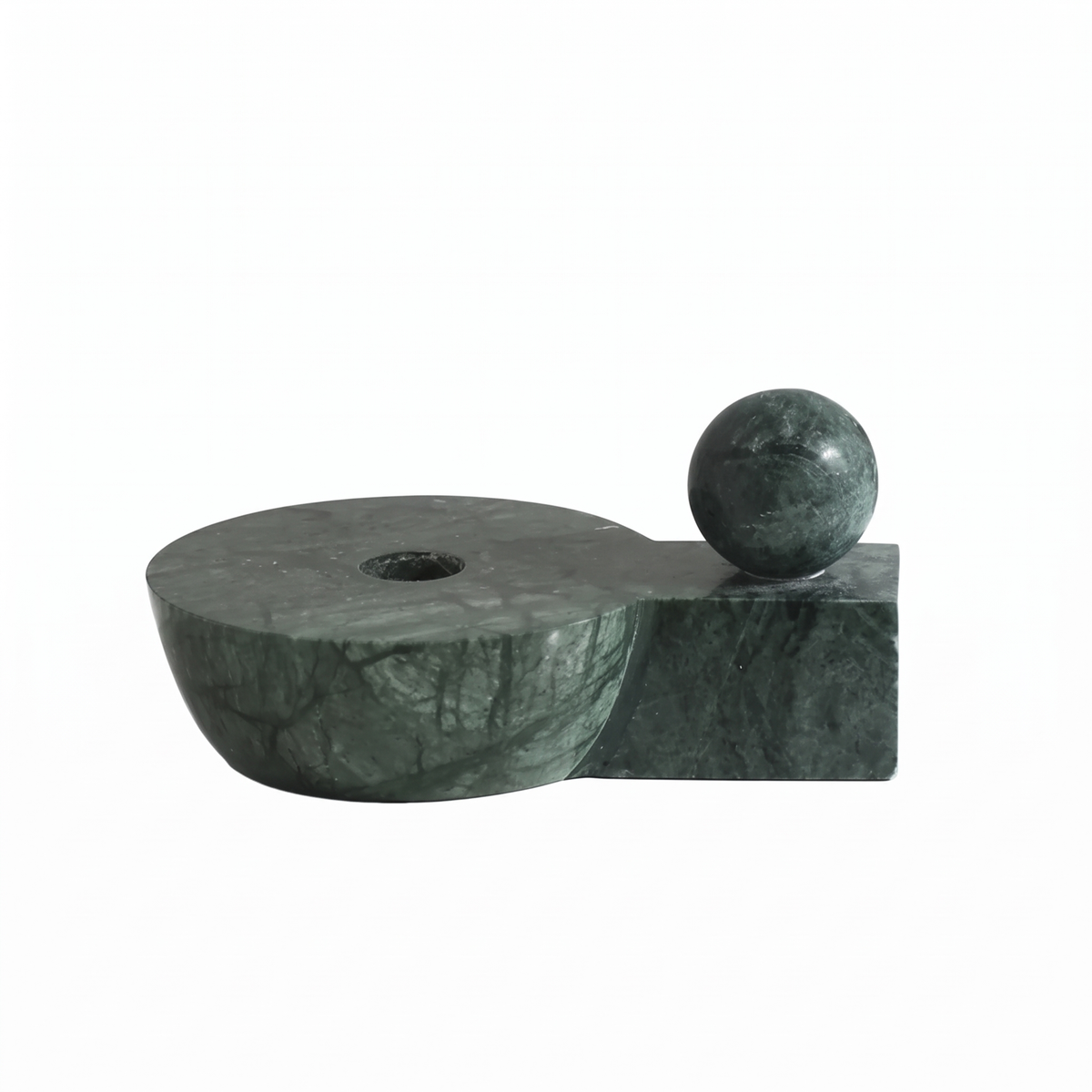 Green marble taper candle holder with sphere on white background