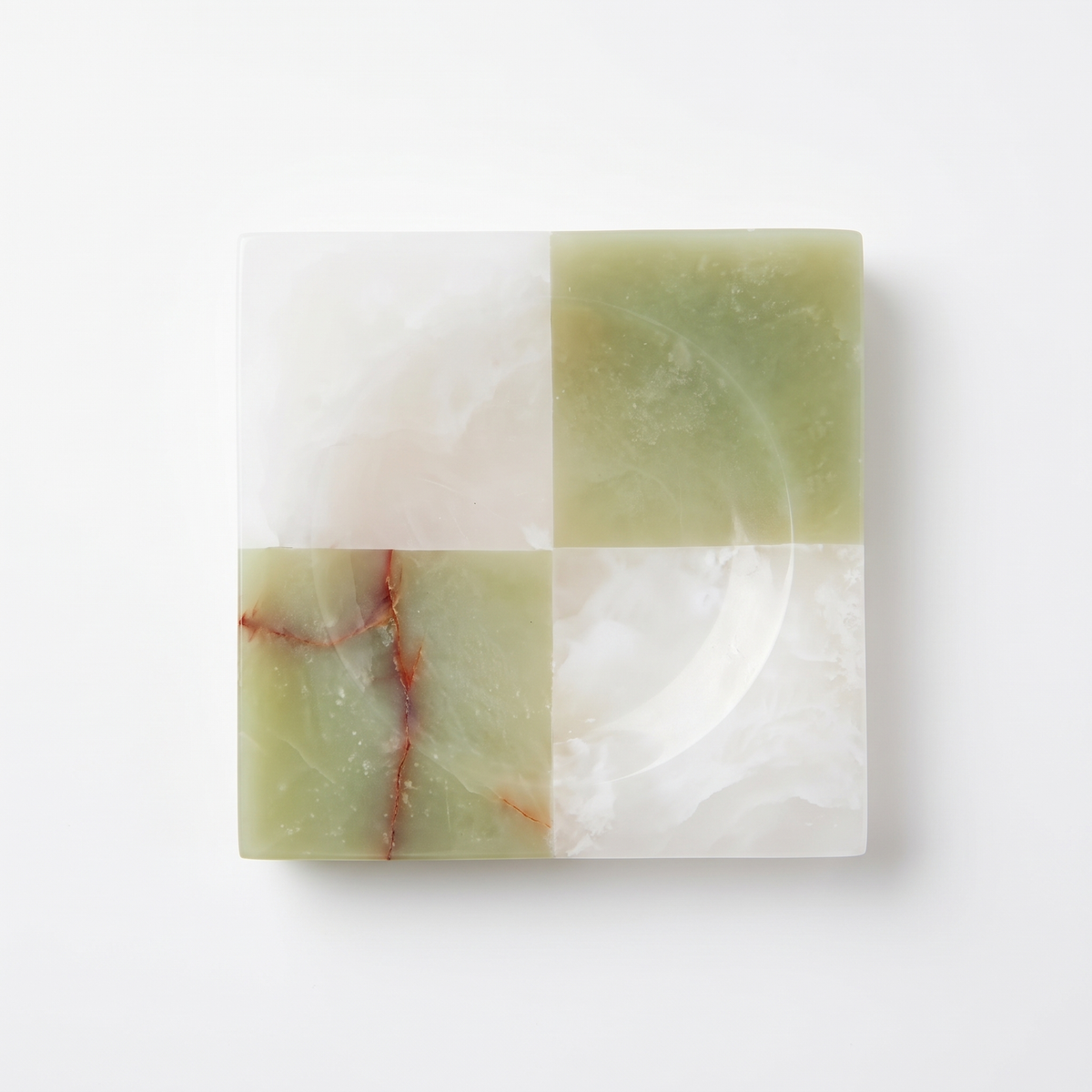 Square jade checkered marble tray on white background