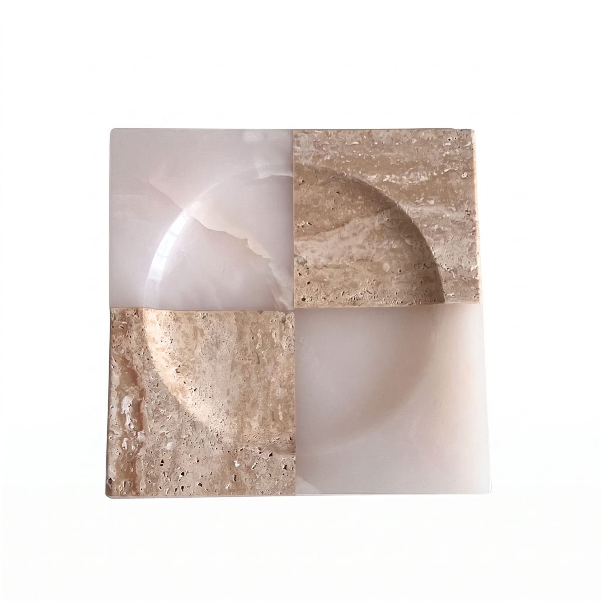 Travertine and white jade four-panel catchall tray on white background