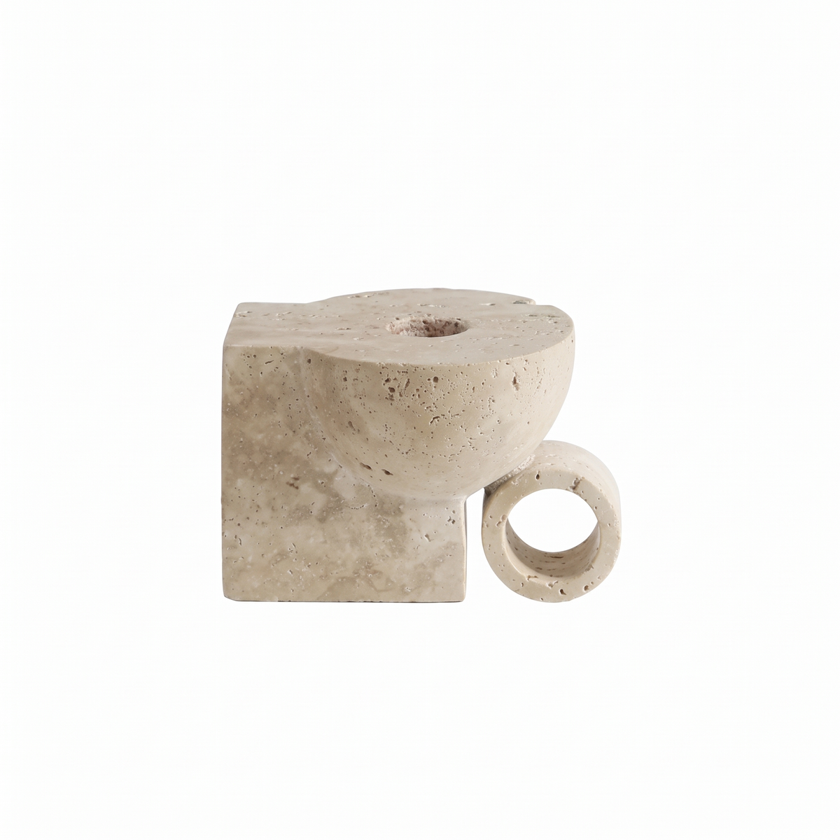 Travertine taper candle holder with ring on white background
