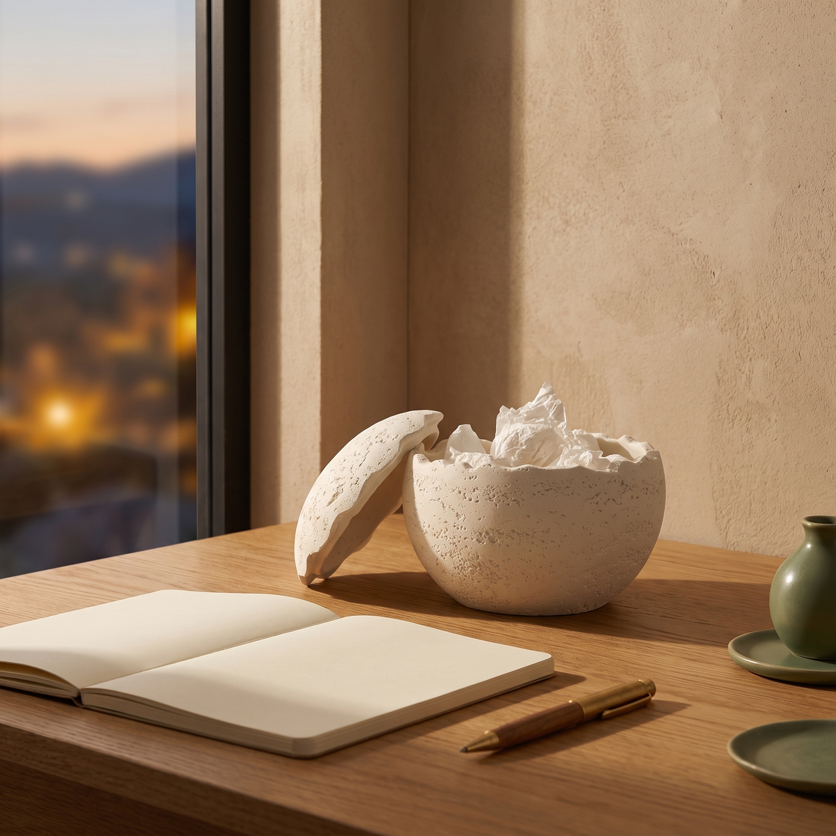 White stone storage box styled on an oak desk by a window