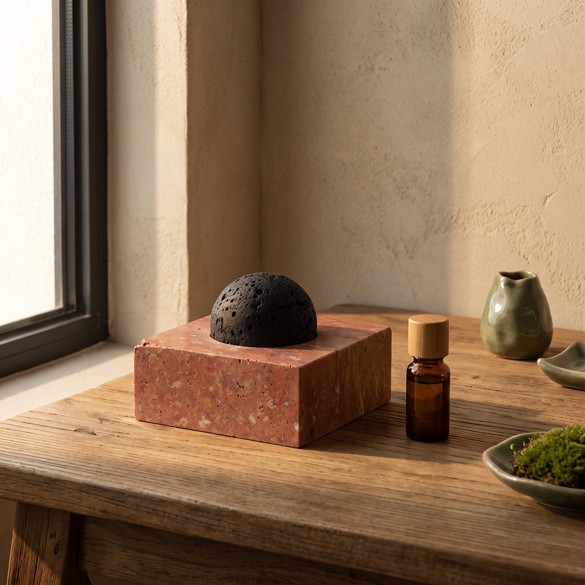 Red travertine lava stone oil diffuser styled on an oak desk by a window