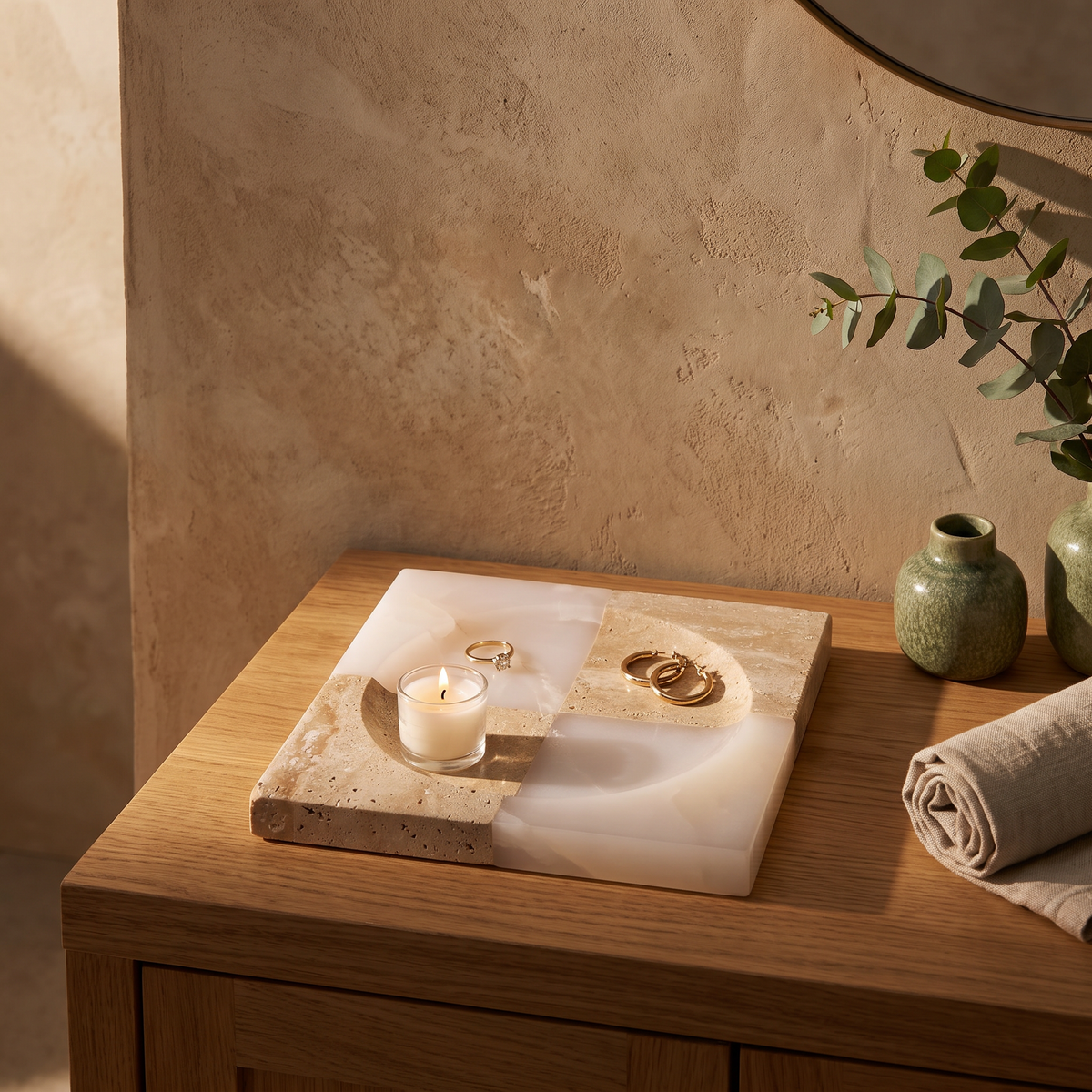 Travertine and white jade four-panel catchall tray styled on a bathroom vanity counter
