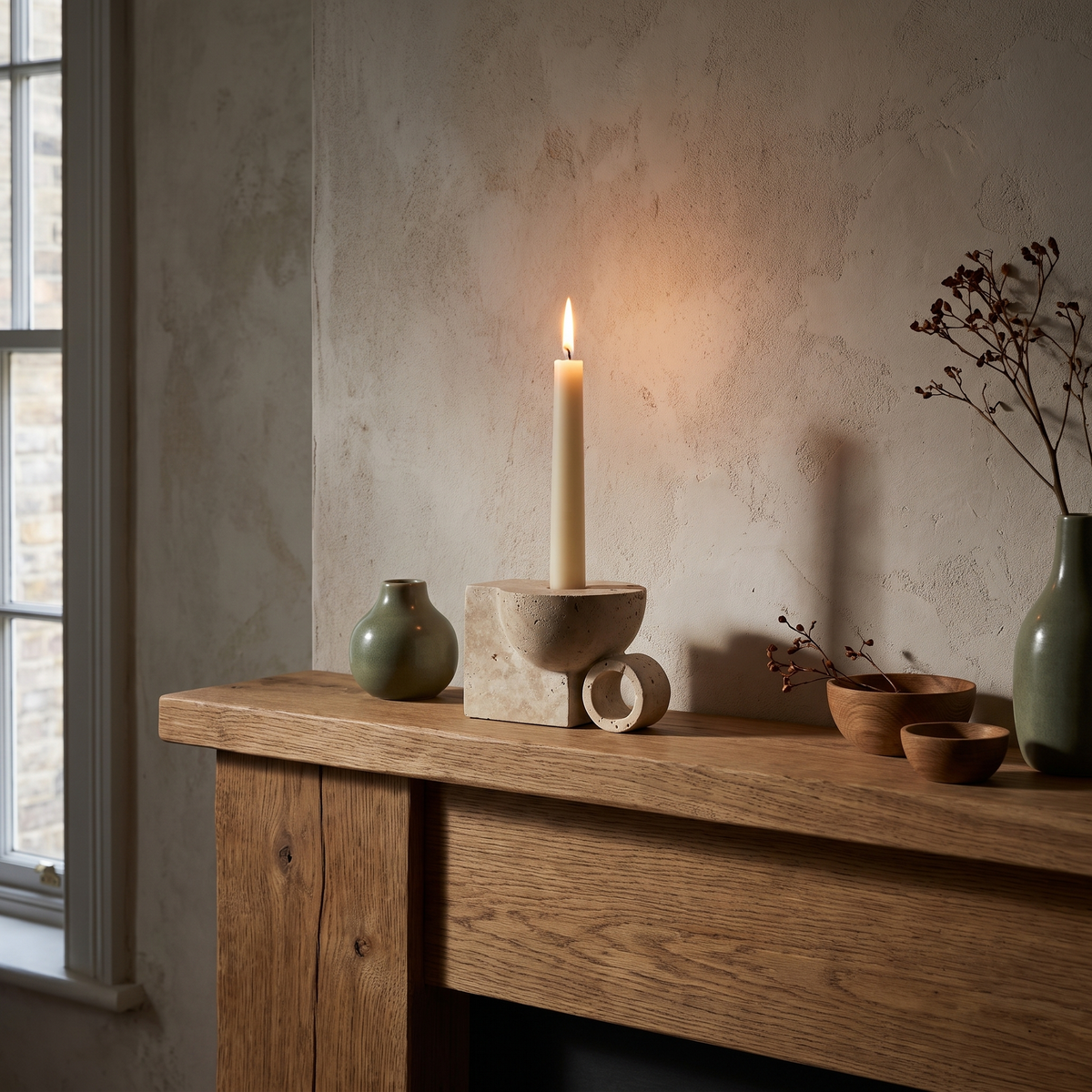Travertine taper candle holder with ring styled on an oak fireplace mantel