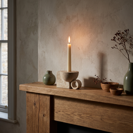 Travertine taper candle holder with ring styled on an oak fireplace mantel