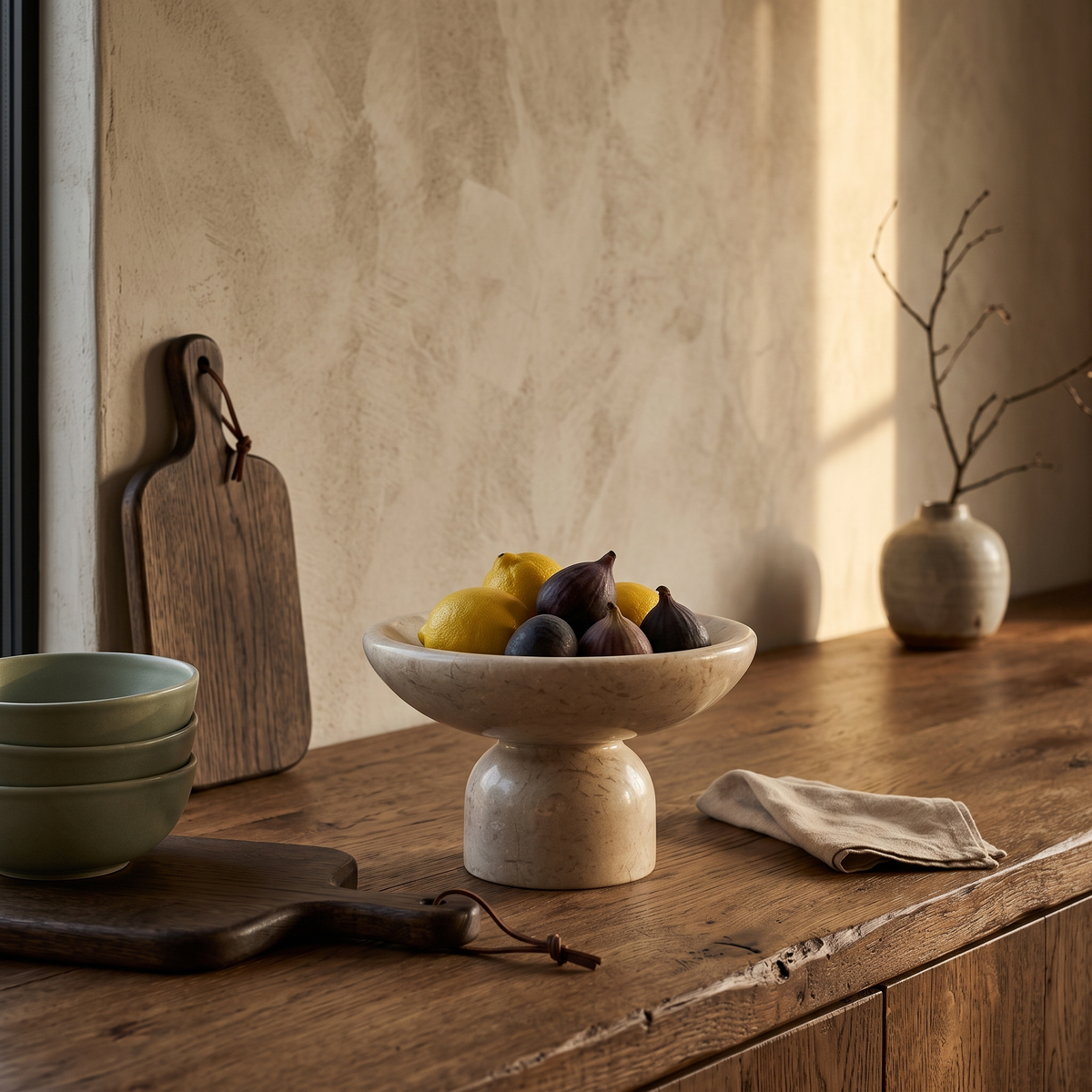 Marble wide pedestal bowl styled on an oak kitchen counter