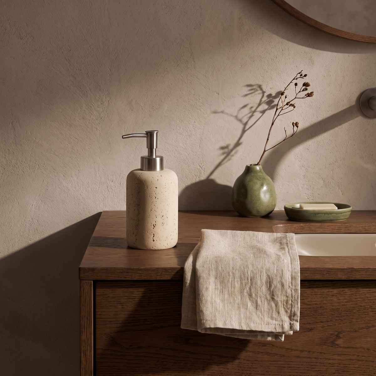 Sandstone soap dispenser styled on a bathroom vanity counter beside the sink