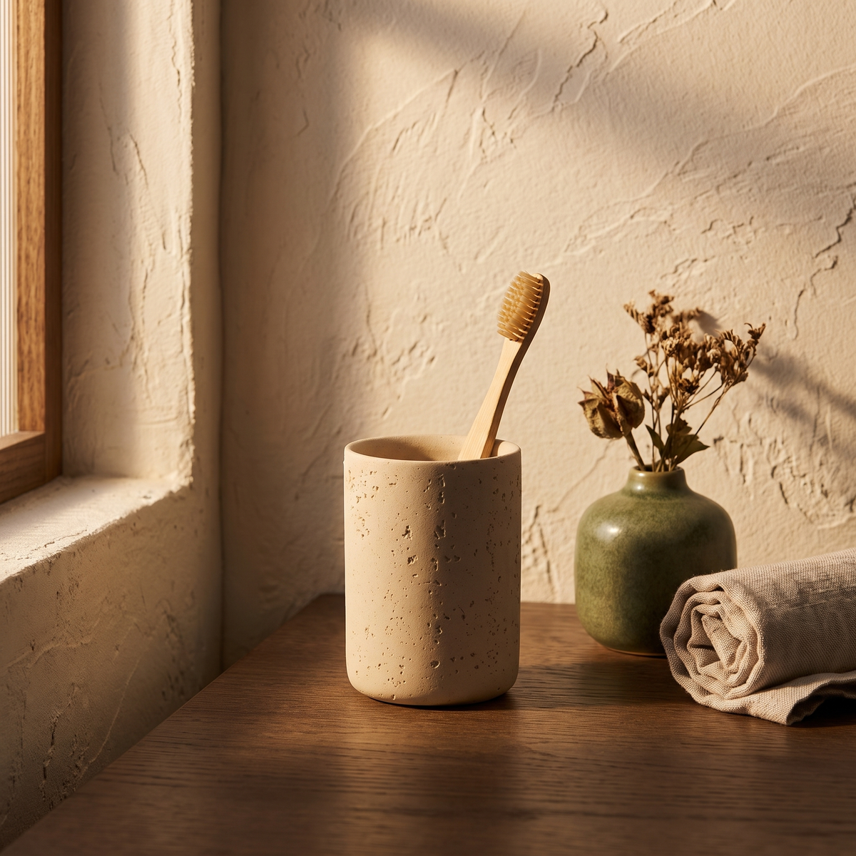 Sandstone bathroom rinse cup styled on a bathroom vanity counter