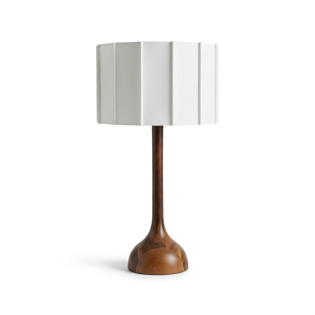 TORU table lamp with wooden base and pleated white shade on a white background