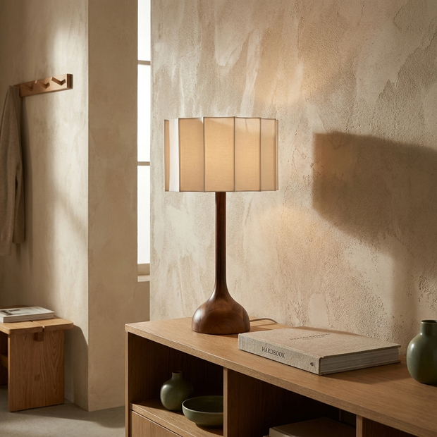 TORU wooden table lamp with pleated white shade on an oak console in a Japandi hallway