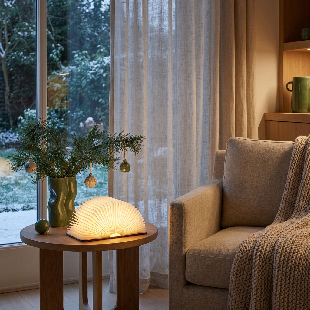 Book lamp in a Christmas reading nook