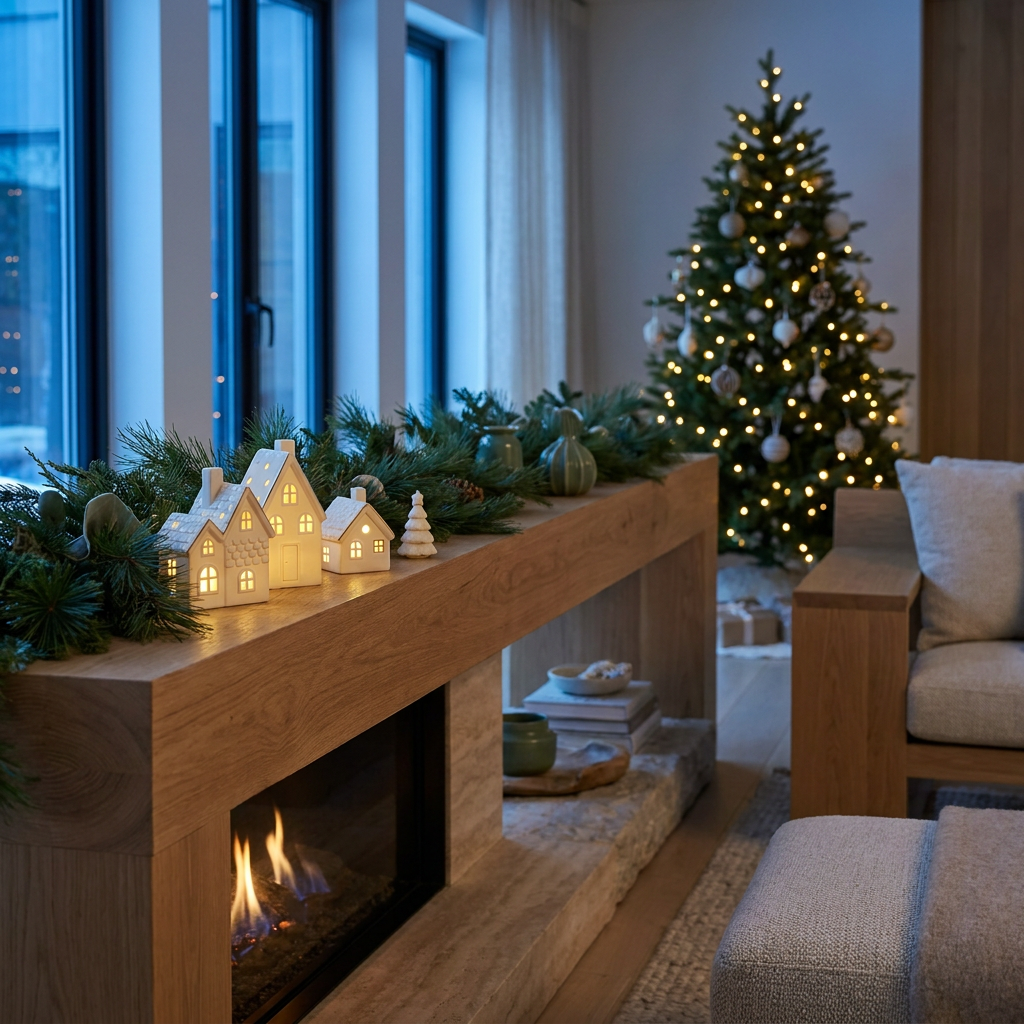 Ceramic Christmas village on a living room mantel